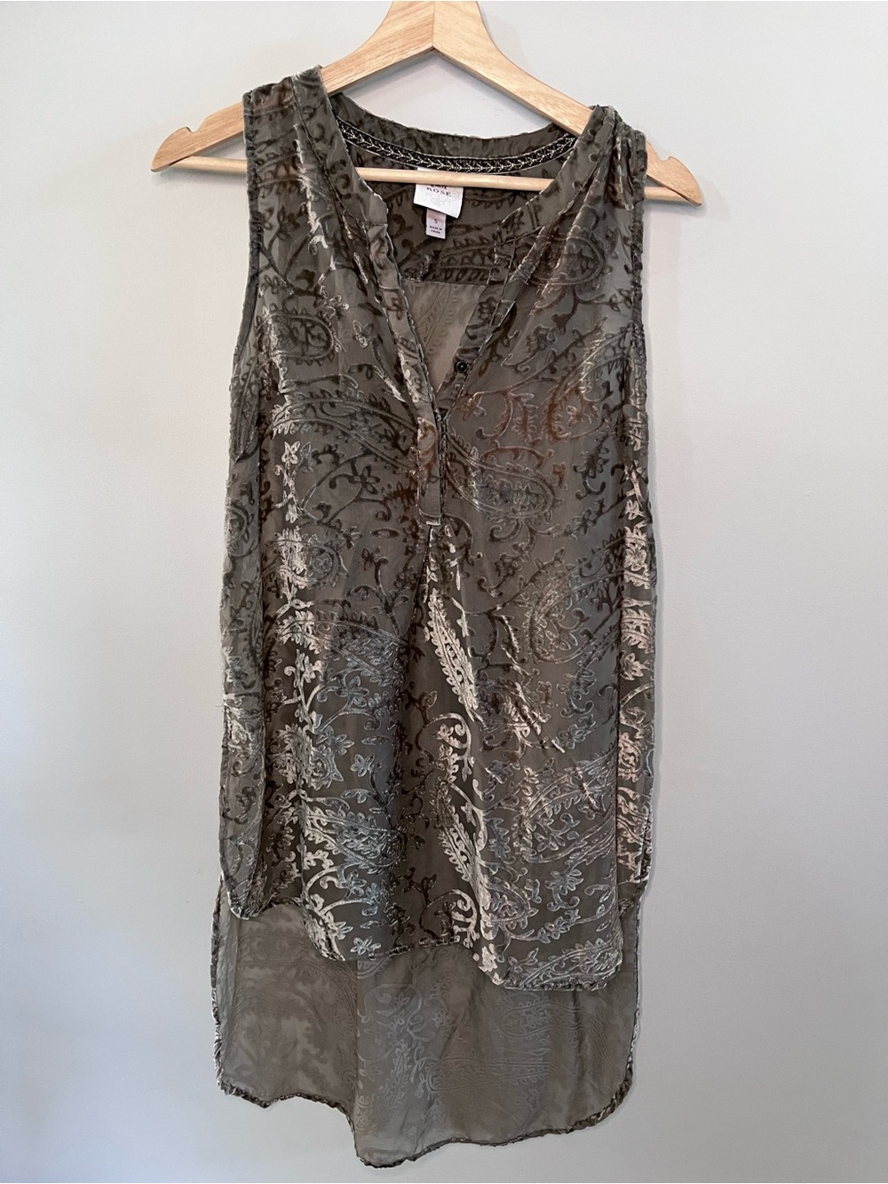 Knox Rose Olive‎ Green Paisley Burnout Velvet Sleeveless High Low Tunic Top S